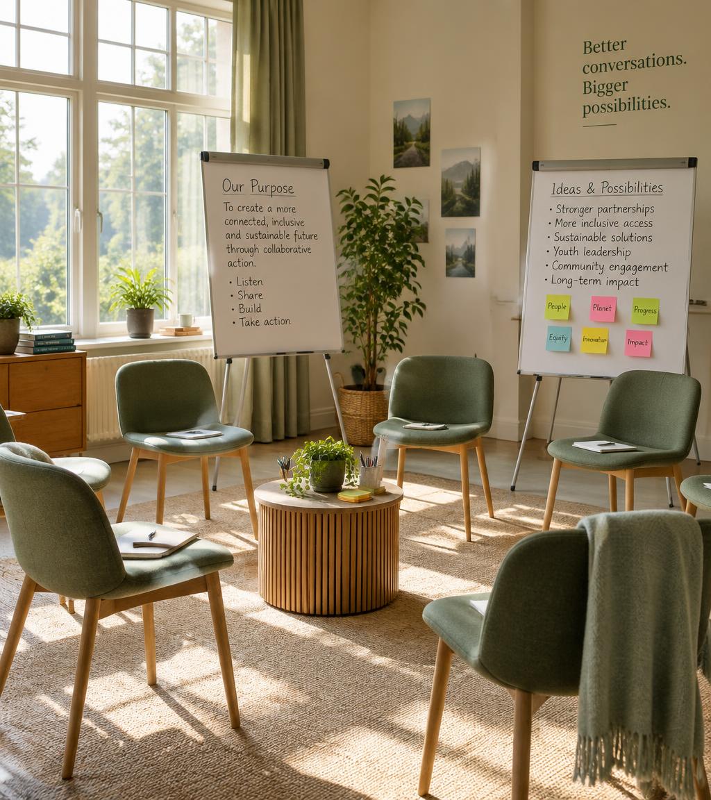 A facilitated workshop room with chairs in a circle and flip charts of handwritten notes